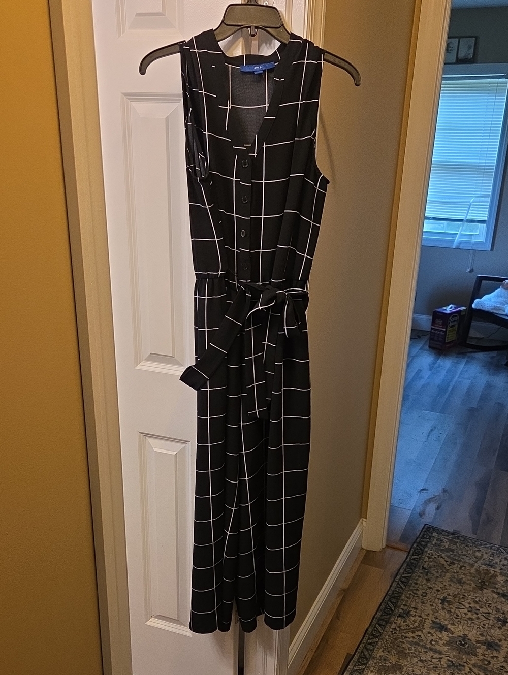 Apt. 9 Black Jumpsuit with White Windowpane Grid
